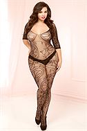 Swirl and floral lace open crotch body stocking, plus size